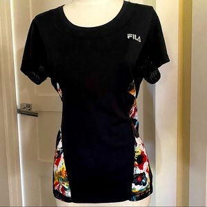 Black Fila S/S Activewear Top With Mesh/Colorful Print/ Size Large/EUC!